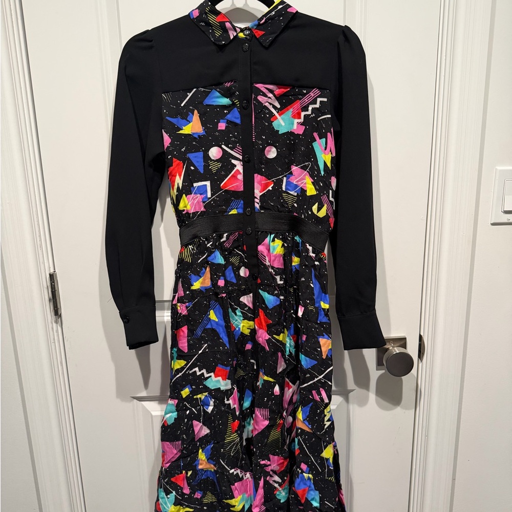 Bella D. Black Dress with Colorful Geometric Designs